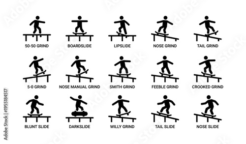 Silhouette illustrations of 16 skateboarding trick variations on rails