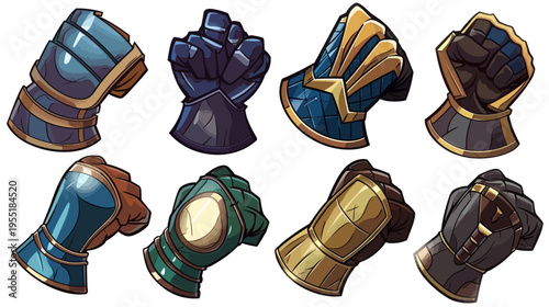 Cartoon drawing of eight armored, fist-closed gloves in assorted colors and designs