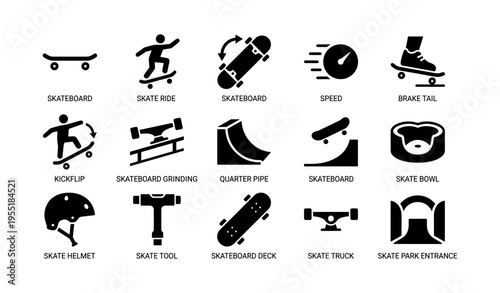 Skateboarding icons: tricks, equipment, and skate park elements collection