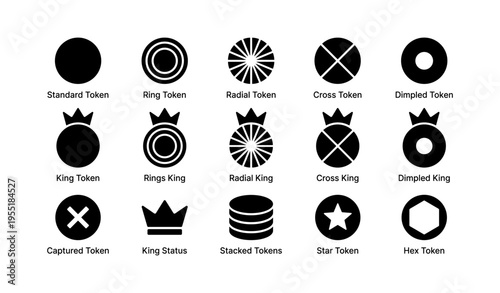 Set of 16 iconic black tokens including king, ring, radial, star, cross, dimpled, and hex designs