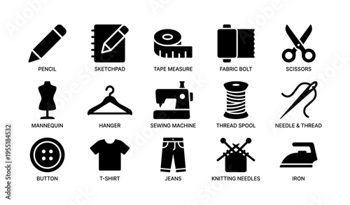 Sewing and fashion tools icons: pencil, sketchpad, scissors, sewing machine, thread