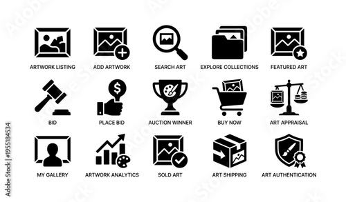 Art icons for auctions and collections including galleries and analytics