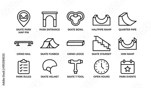 Skate park icon set featuring various ramps, rails, and equipment