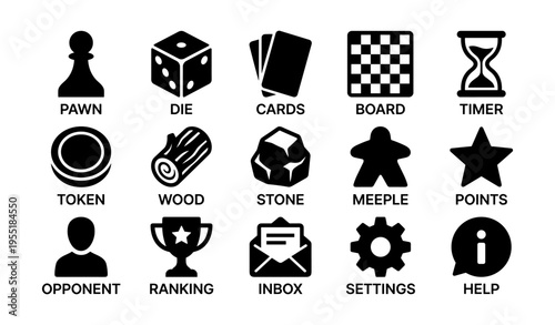 Board game icon set: pawn, die, cards, and more symbols