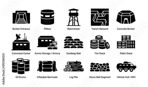 Military defensive structures and equipment icons collection