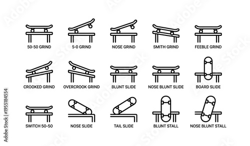 Skateboard grind and slide tricks diagram with rail and skateboard illustrations