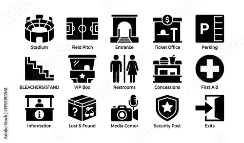 Stadium icons set: facilities, services, and navigation symbols for events