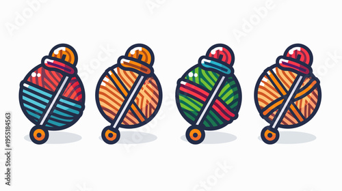 Cartoon drawing of four different color yarns with needles and a dark blue border