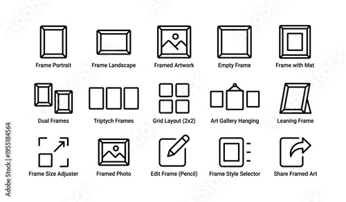 Icon set of various frame designs and tools for artwork presentation