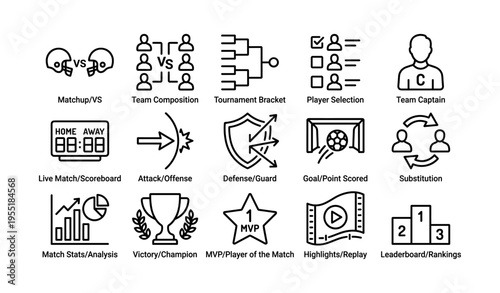 Sports icons set: matchup, team, tournament, player, live, victory, highlights