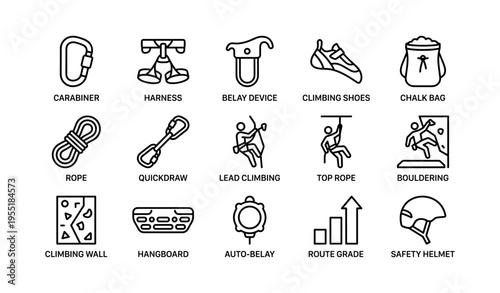 Climbing equipment icons including carabiner harness shoes rope helmet