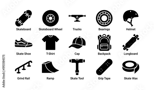 Skateboard equipment icons: wheels, helmet, longboard, grind rail, skate tool