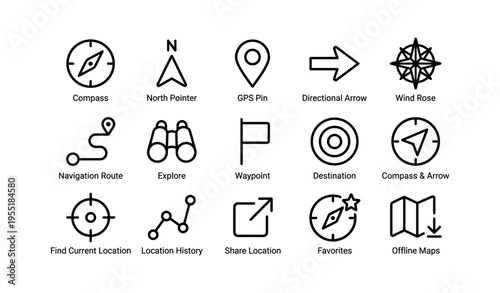 Navigation symbols: compass, gps pin, waypoint, map icons collection