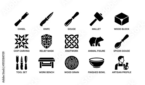 Woodworking tools and designs: chisel, knife, gouge, mallet, and artistic patterns