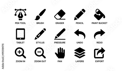 Icon set for digital art tools including pen, brush, eraser, zoom, and export symbols