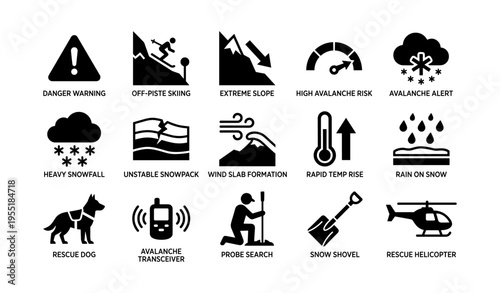 Avalanche safety icons: warning, rescue, snowfall, high risk, emergency response