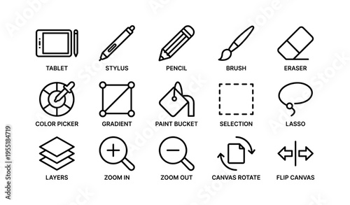 Digital art toolkit: icons for tablet, stylus, and image editing tools