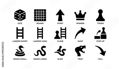 Game icons: dice, board, arrows, snakes, ladders, tokens, trap, fall symbols