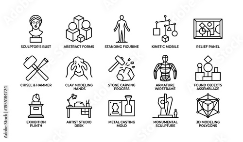 Sculpture elements: busts, abstract forms, and creative tools