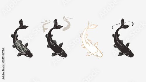 Four stylized koi fish swim in a curved formation on a light background