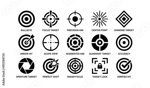 Set of precision target icons: bullseye, focus, accuracy designs