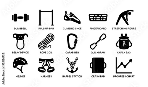 Climbing gear icons set: essential equipment for rock climbing and training