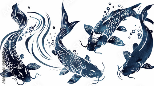 Four blue koi swim with water ripples in a fluid ink-wash style illustration