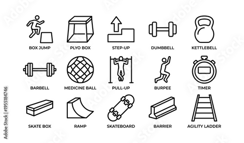 Fitness icons: box jump, dumbbell, skateboard, agility ladder, timer