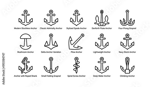 Variety of nautical anchors: styles and designs in black and white icons
