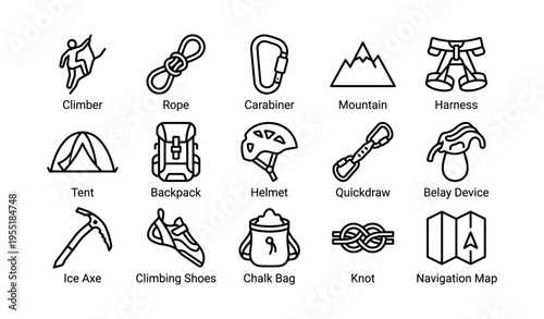 Climbing gear icons: climber equipment rope carabiner mountain symbols