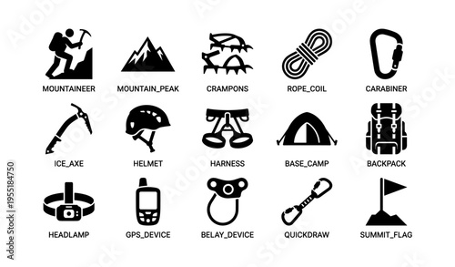 Mountaineering tools: essential equipment icons for safe adventure