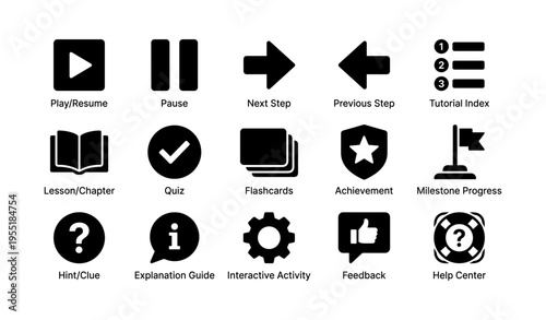 Set of education and tutorial icons featuring play pause quiz and achievement symbols