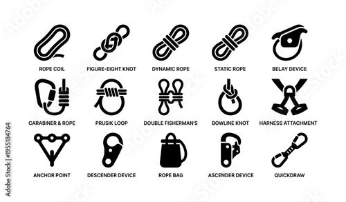 Climbing gear icons: rope, knots, devices, and accessories