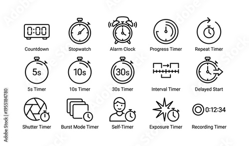 Time management icons: alarm, stopwatch, countdown, timer collection