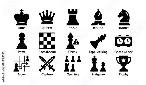 Chess piece icons: king, queen, rook, bishop, knight, pawn, chessboard, clock, trophy