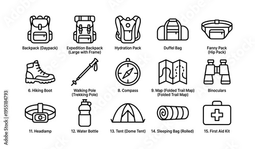 Essential hiking gear icons: backpacks, maps, compass, and more