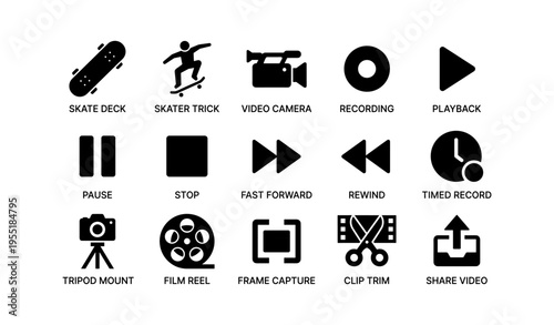 Skateboarding icons and video editing symbols for creative projects