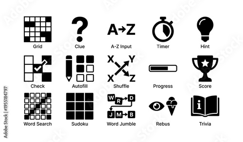 Pictogram icons for puzzle games: grid, timer, hint, score, sudoku, rebus