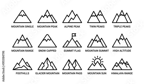 Minimalist mountain icons set featuring peaks, ranges, and summit symbols