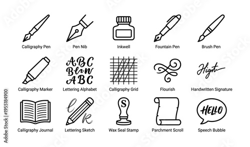 Calligraphy tools and techniques illustrated icons set