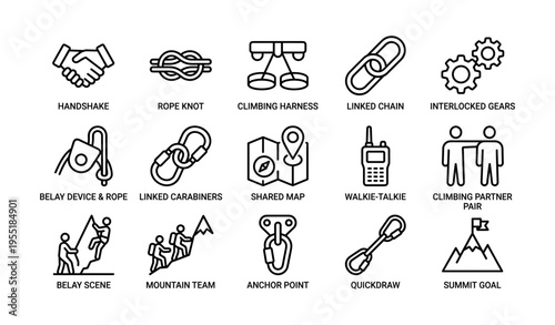 Climbing gear and activities icon set with handshake and tools