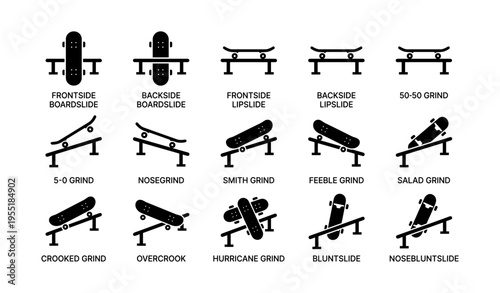 Skateboard grind and slide trick illustrations on rail