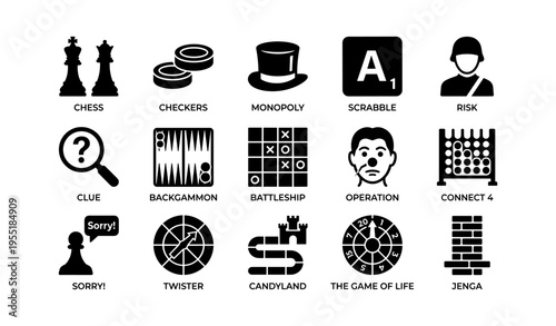 Classic board games icons collection featuring chess, checkers, monopoly, and more