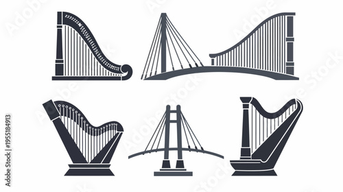 Black silhouettes of harps and bridges arranged in two rows on white
