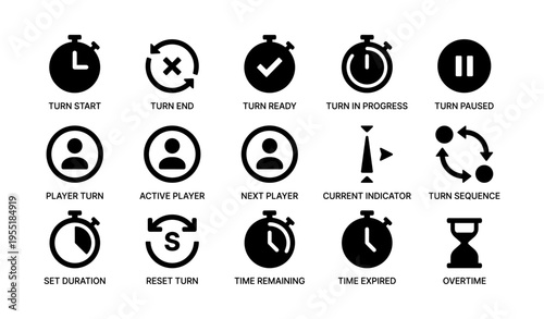 Game timer icons set: stopwatch, player, status, sequence symbols