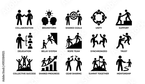 Teamwork and collaboration concept icons depicting unity and support