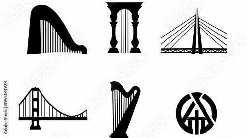 Black and white image with various shapes including harps, archways and bridges