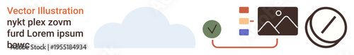 Cloud storage, design tools, verification, digital platforms, organization, communication. Graphic of a cloud, checkmark color palette and image preview. Cloud storage and design tools
