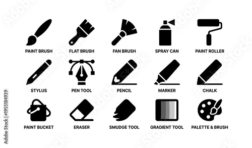 Icon set of art and design tools including brushes and pens