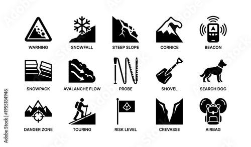 Avalanche safety icons including warning signs, equipment, and rescue tools for winter sports